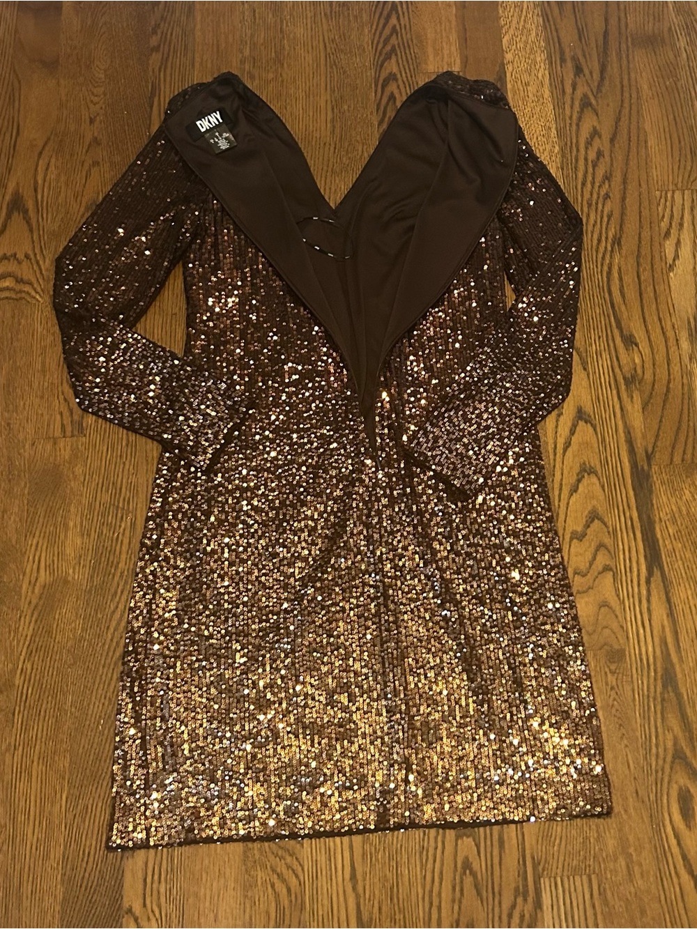 DKNY Bronze Gold Sequin V-Neck Long Sleeve mini Cocktail dress - Picture 9 of 9